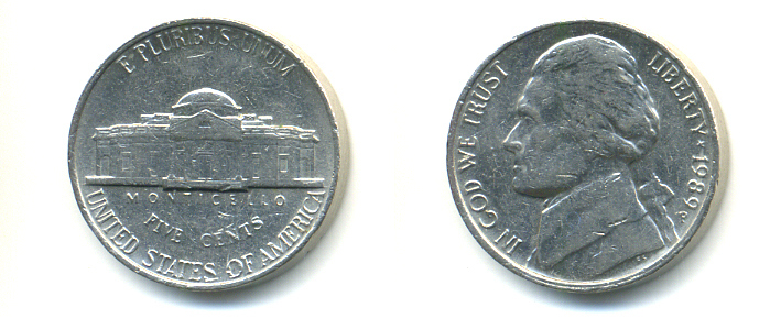 США 5 ЦЕНТОВ 1989 P, ДЖЕФФЕРСОН KM А192 медно-никель 179-744