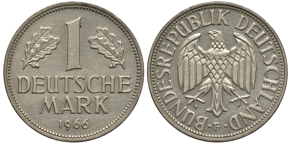 ФРГ 1 марка 1966 F KM 110, J. 385 медно-никель 413-6424