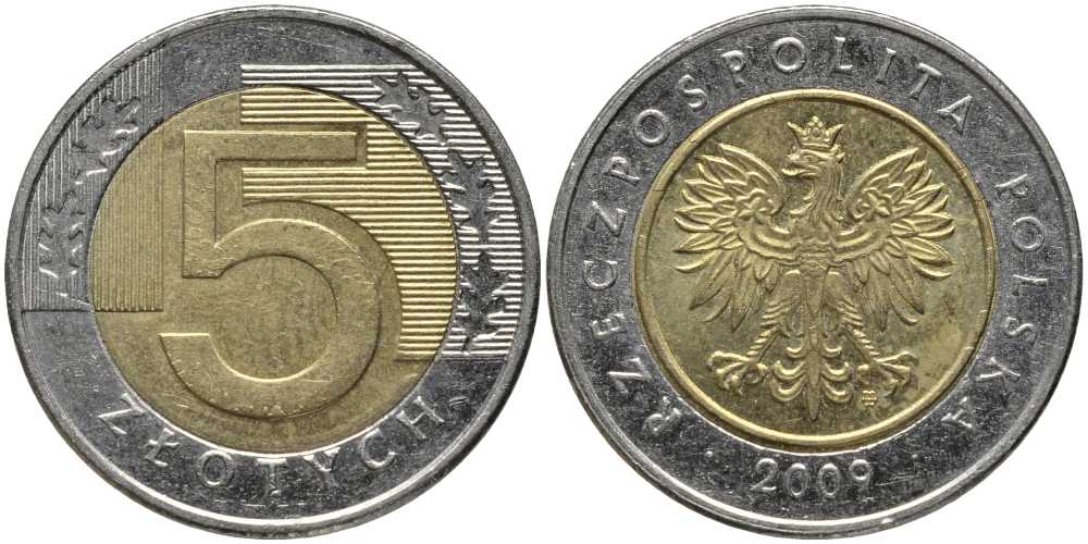 Польша 5 злотых 2009 MW KM 284 биметалл 93-1036