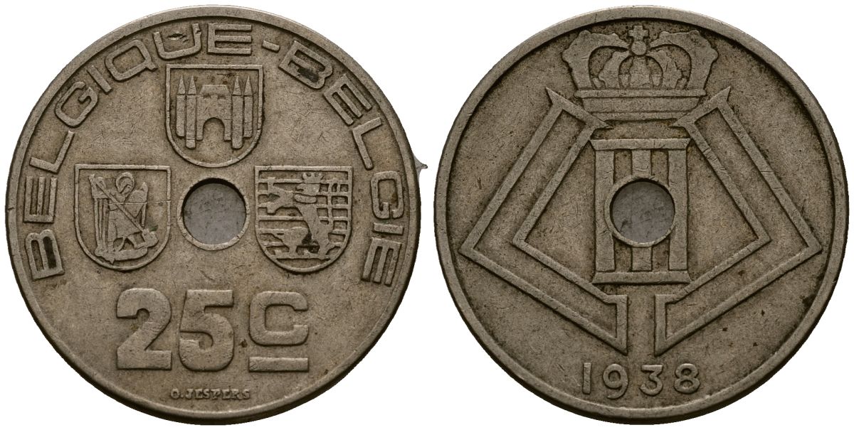 Бельгия 25 сантимов 1938 Belgique - Belgie KM 114 никель латунь 4383-826