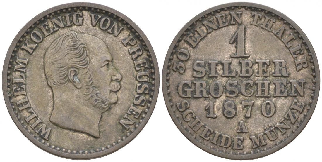 Пруссия 1 СЕРЕБРЯННЫЙ ГРОШ 1870 А, ВИЛЬГЕЛЬМ KM 485 серебро 44-953