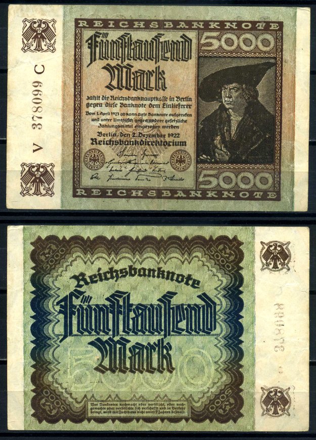 Германия 5000 марок 1922 2 декабря 1922, серия V, в/з №47 Pick 81, Розенберг 80а  бумага   8617-24-1-1