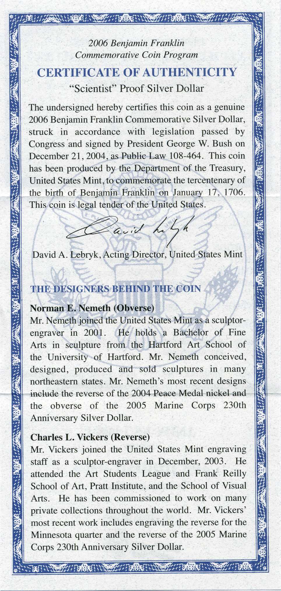 США 1 доллар 2006 Р, 300 лет со дня рождения Бенджамина Франклина, в оригинальной коробке, сертификат KM 387 серебро PROOF 00-00