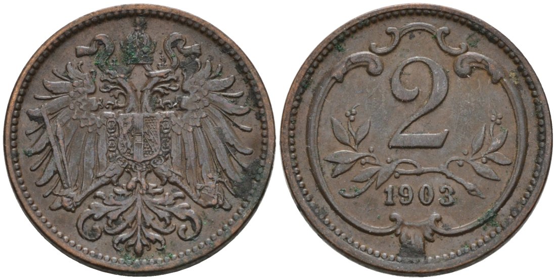 Австрия 2 геллера 1903 Франц Иосиф (1846-1918) KM 2801 бронза 4567-642