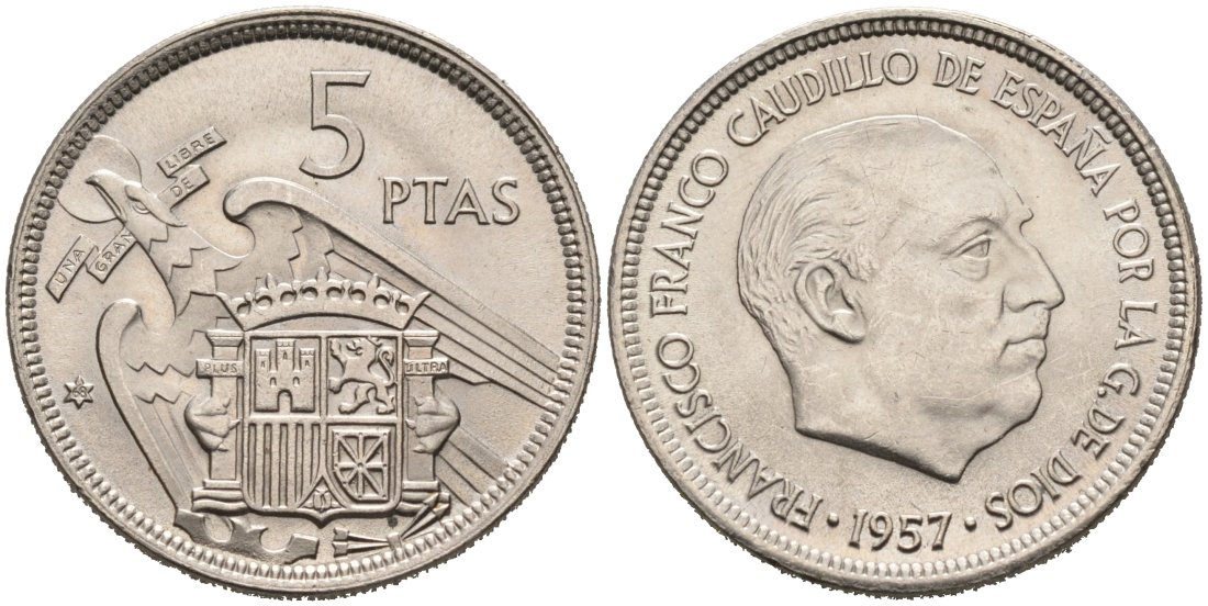 Испания 5 песет 1957(68) Франсиско Франко (1939-1975) KM 786 медно-никель 4571-1222