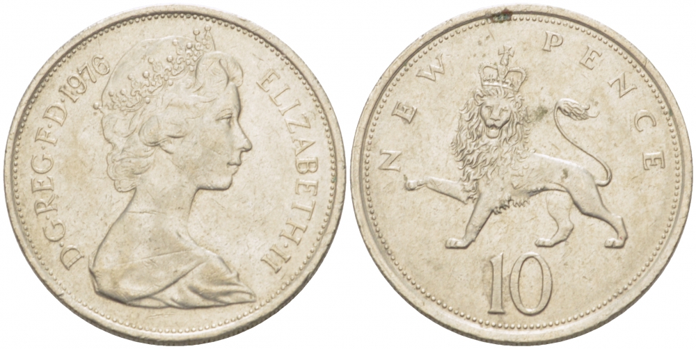 Великобритания 10 пенсов 1976 Елизавета II (1952-2022) KM 912, Spink 4231 (F1) медно-никель  4403-831