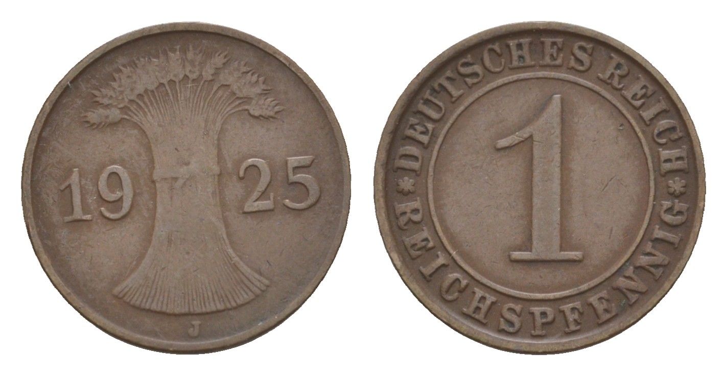 Германия 1 рейхспфенниг 1925 J KM 37, J. 313 бронза 4659-144