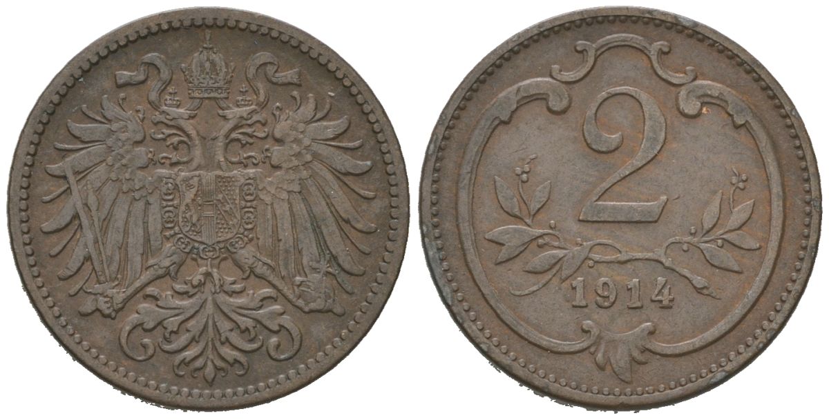 Австрия 2 геллера 1914 Франц Иосиф I (1848-1916) KM 2801 бронза 192-153