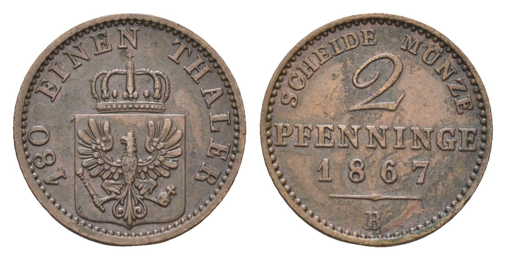 Пруссия 2 пфеннига 1867 B, Вильгельм I (1861-1888) KM 481 медь 4655-1062