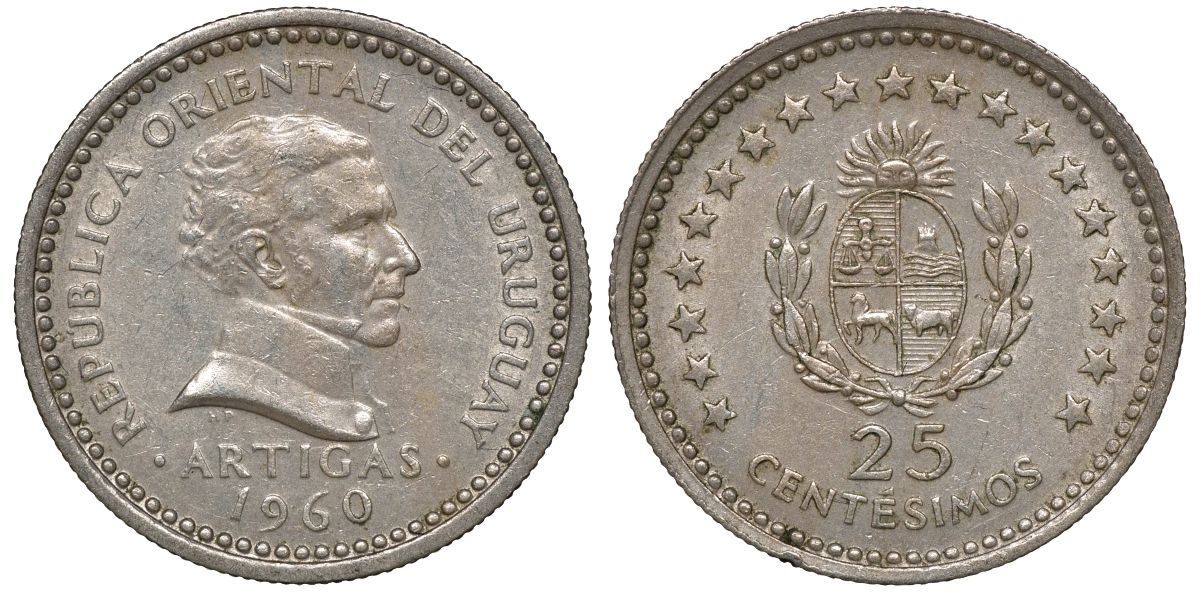 Уругвай 25 сентесимо 1960 KM 40 медно-никель 4169-762