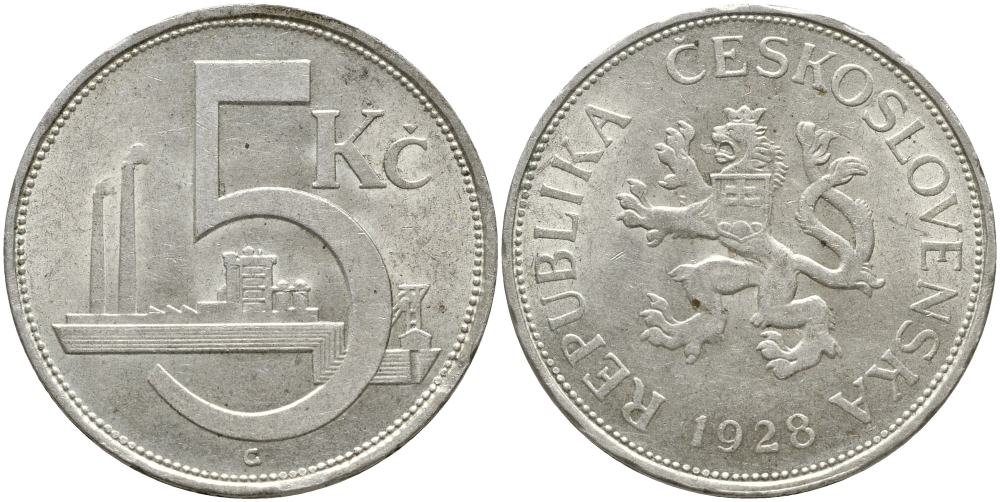 ЧЕХОСЛОВАКИЯ 5 КРОН 1928 KM 11 серебро XF 41-523