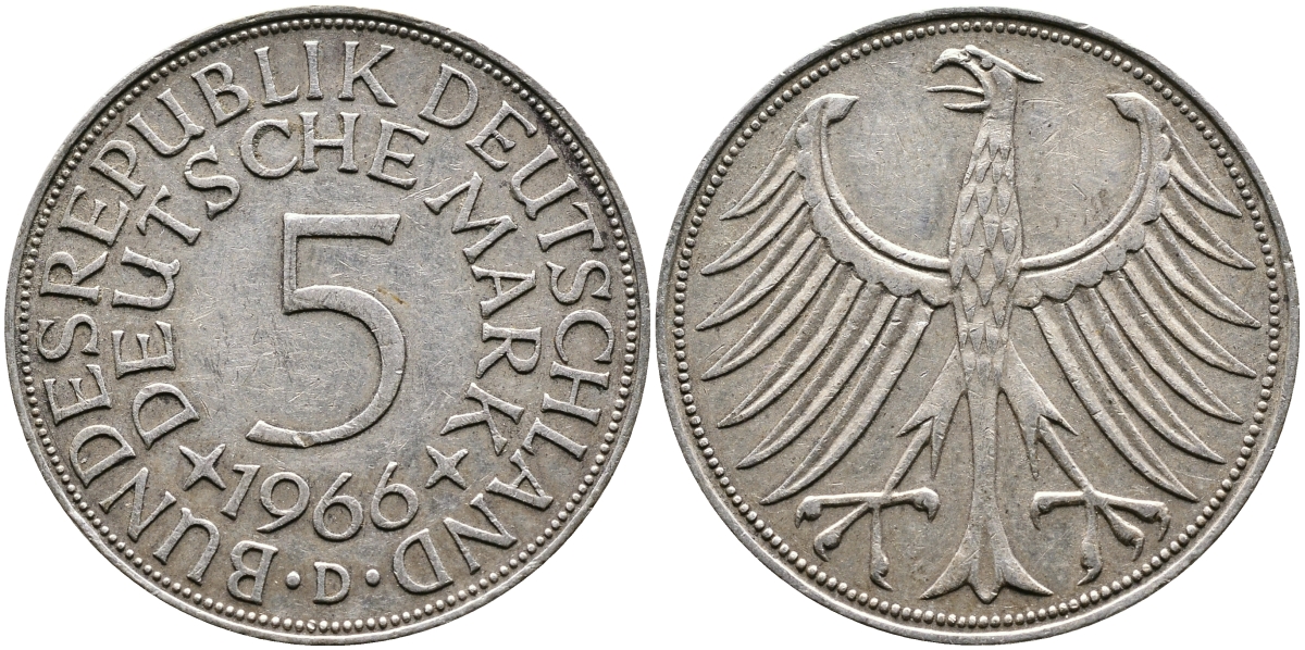 ФРГ 5 марок 1966 D, J. 387, KM 112.1 серебро 4389-331