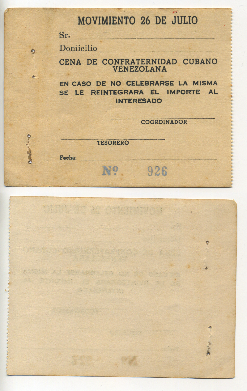 Куба корешок листа чековой книжки 1950 номер 926, не заполненный, движение 26 июля, благотворительный ужин Кубы и Венесуэлы   бумага  аUNC  7217-81-1-2
