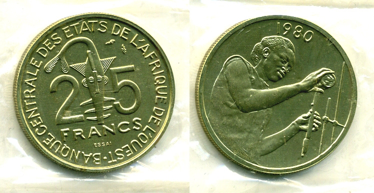 Западно-Африканские штаты 25 франков 1980 пробник, ESSAI, в оригинальной упаковке КМ E9 алюминиевая бронза бронза UNC 5010-245