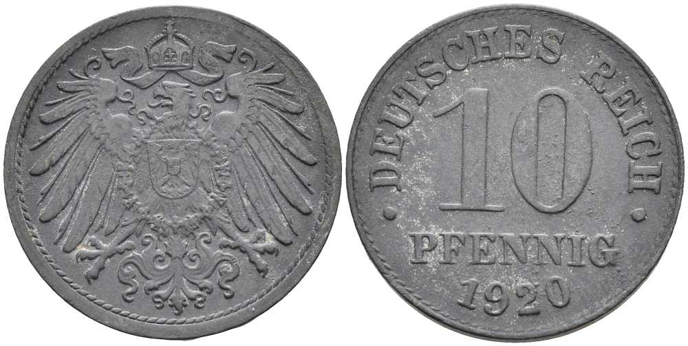 ГЕРМАНИЯ 10 ПФЕННИГОВ 1920 KM 26, J. 299 цинк 4401-146