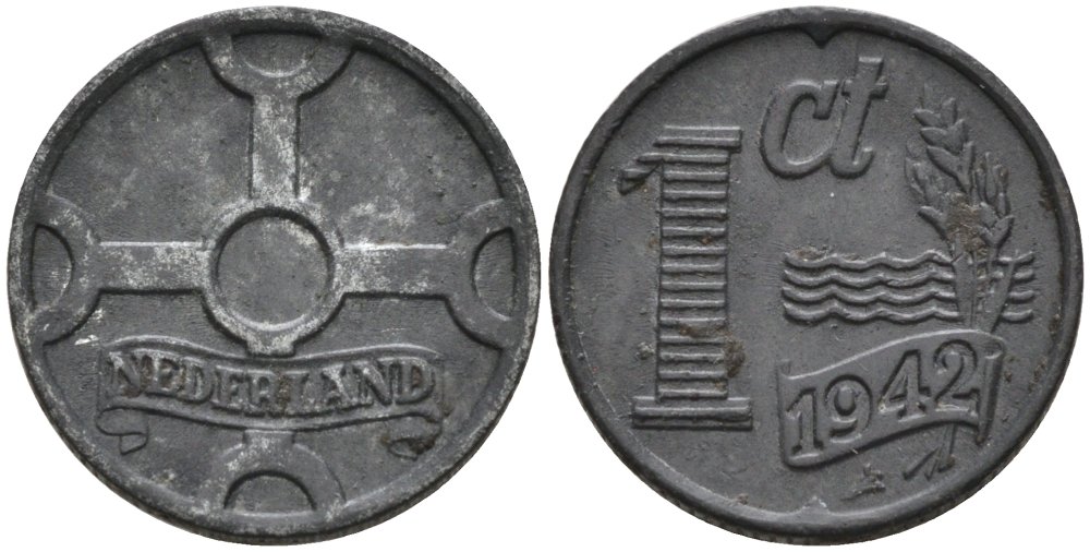 Нидерланды 1 цент 1942 Вильгельмина KM 170 цинк 4567-958