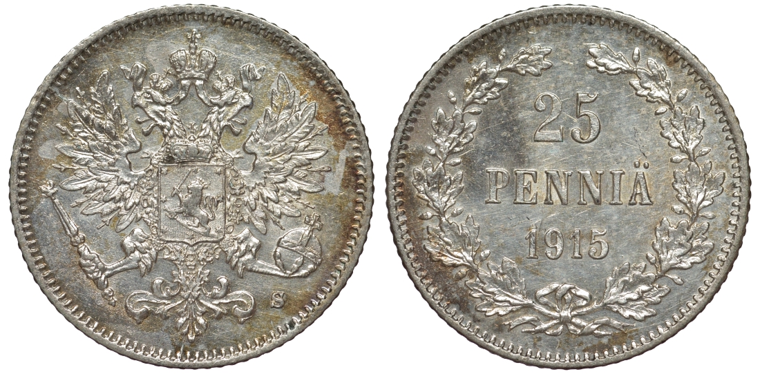 Россия для Финляндии 25 пенни 1915 S, Николай II (1894-1917) KM 6.2, Биткин 420 серебро 75-1228