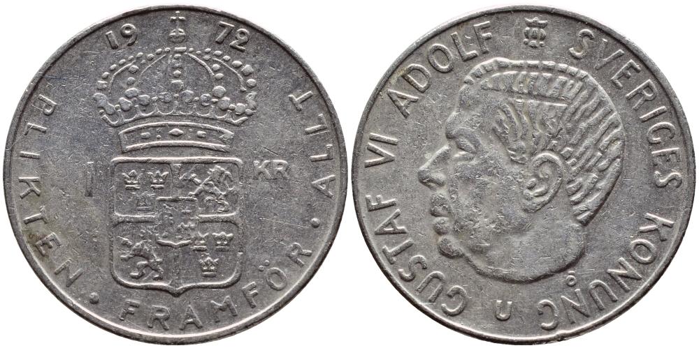 Швеция 1 крона 1972 Густав VI Адольф (1950-1973) KM 826a медь плакированная медно-никелем 4390-223