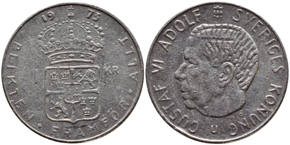 Швеция 1 крона 1973 Густав VI Адольф (1950-1973) KM 826а медь плакированная медно-никелем 4395-247