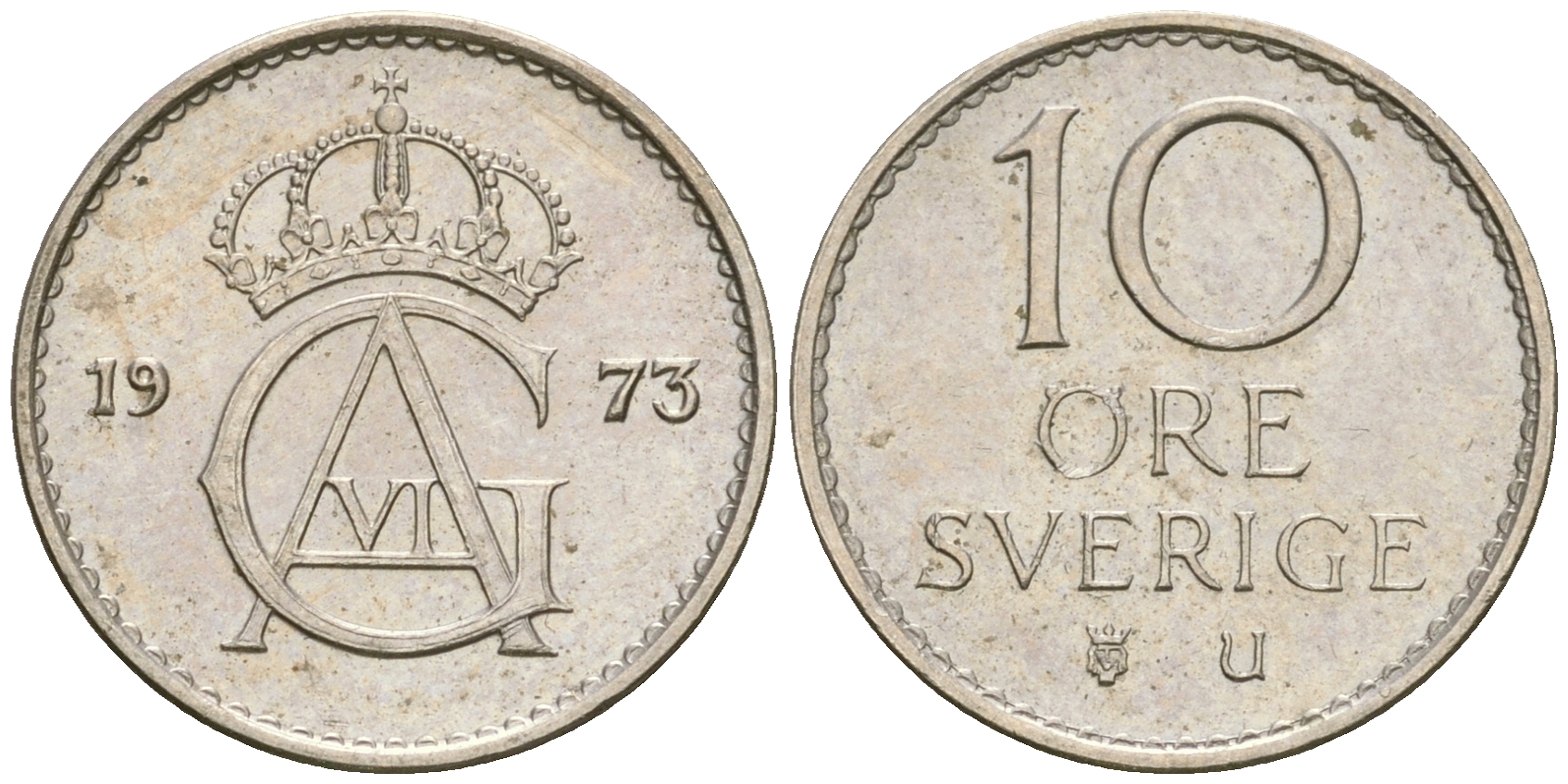 Швеция 10 эре 1973 U, Густав VI Адольф (1950-1973) KM 835 медно-никель 4364-3613