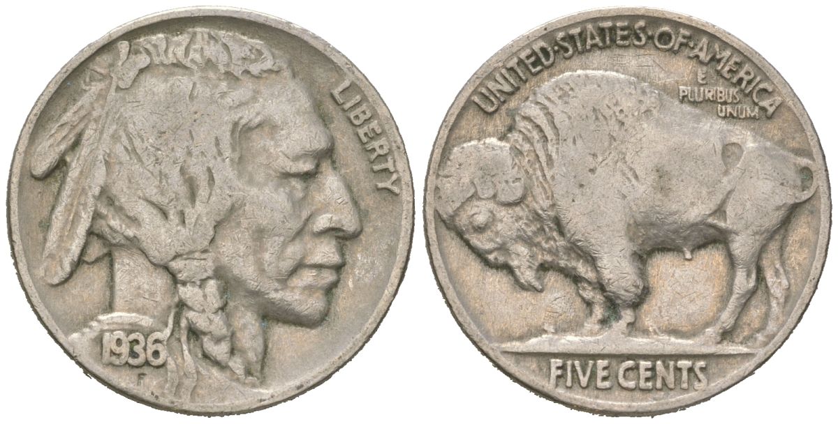 США 5 центов 1936 индеец, бизон KM 134 медно-никель 4614-1229