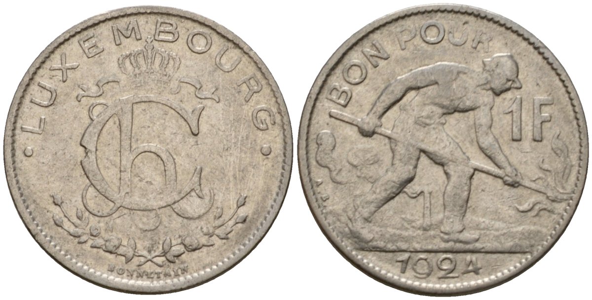 Люксембург 1 франк 1924 сталевар, Шарлотта (1918-1964) KM 35 никель 4603-1045