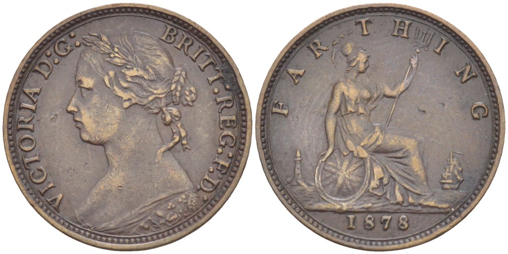 Великобритания 1 фартинг 1878 Виктория (1837-1901) KM 753, Spink 3958 бронза 4543-912