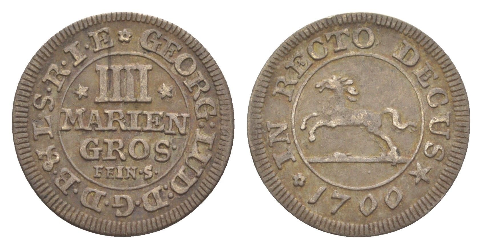 Брауншвейг-Каленберг-Ганновер 4 мариенгроша 1700 Георг I (1698-1727), из коллекции Ричарда Б. Смита Welter 2197, KM 33 серебро 1525-543