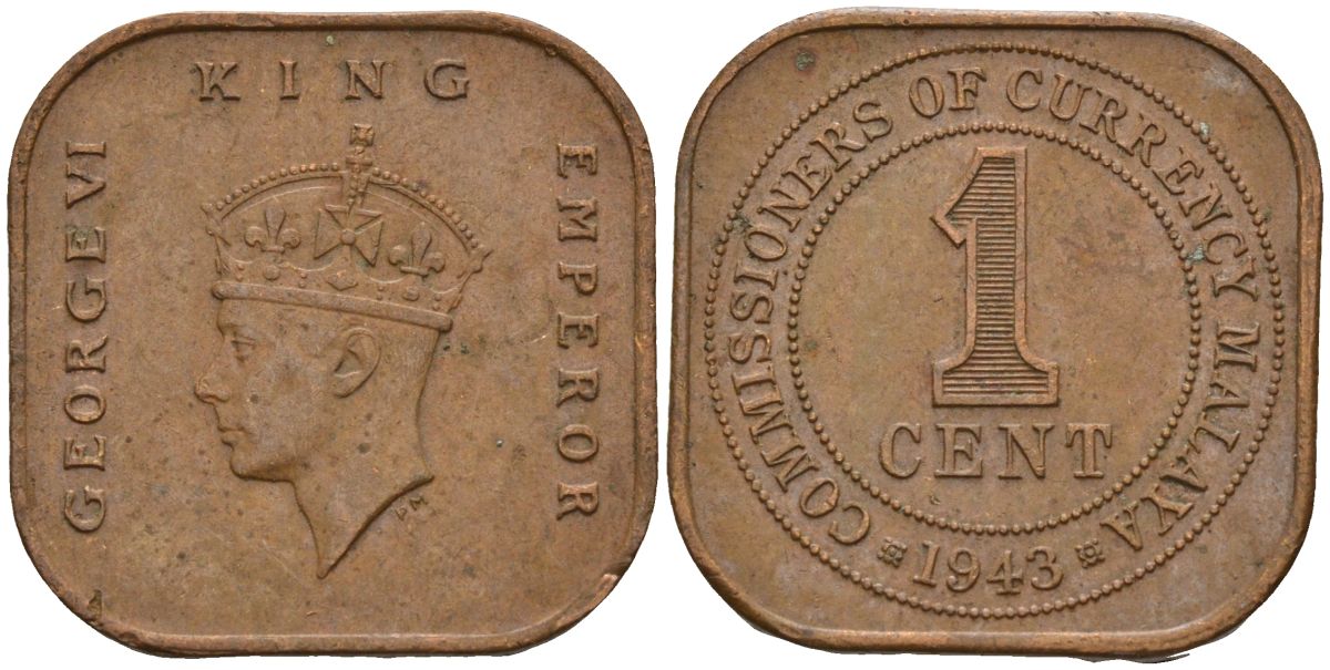 Британская Малайя 1 цент 1943 Георг VI (1937-1952) KM 6 бронза 4153-623