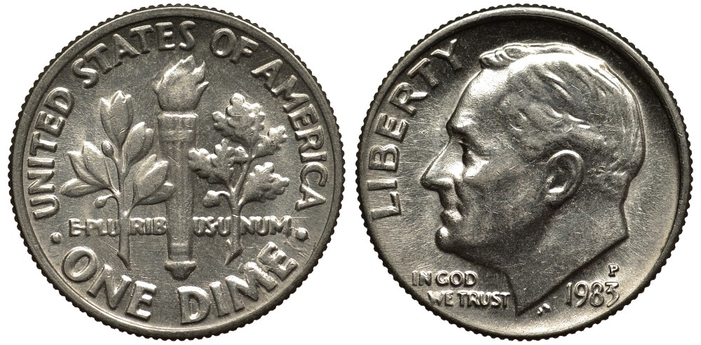 США 10 центов = 1 дайм 1983 Р, Рузвельт KM 195а медь плакированная медно-никелем 186-1011