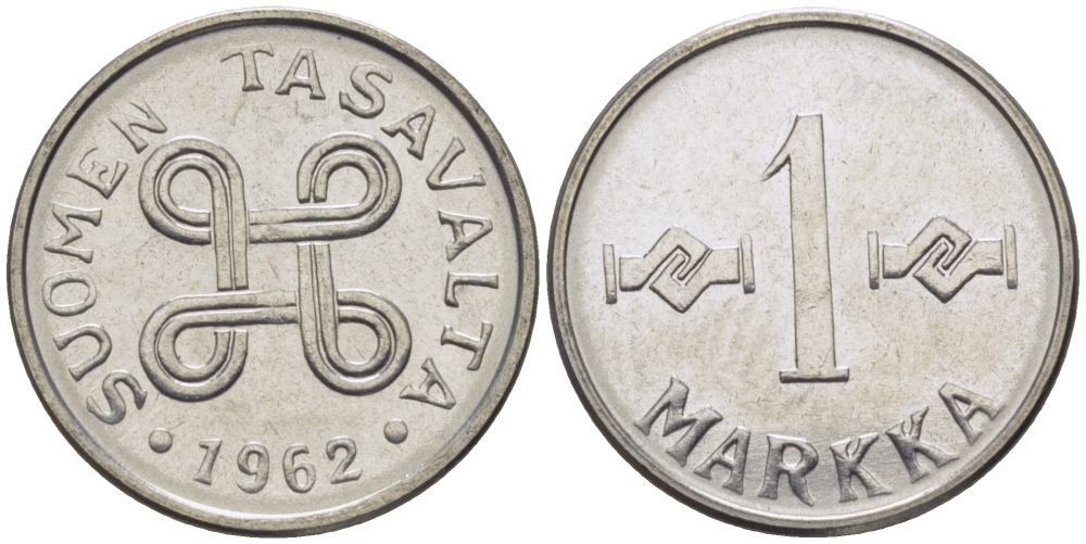 ФИНЛЯНДИЯ 1 МАРКА 1962 KM 36а железо плакированное никелем 100-222