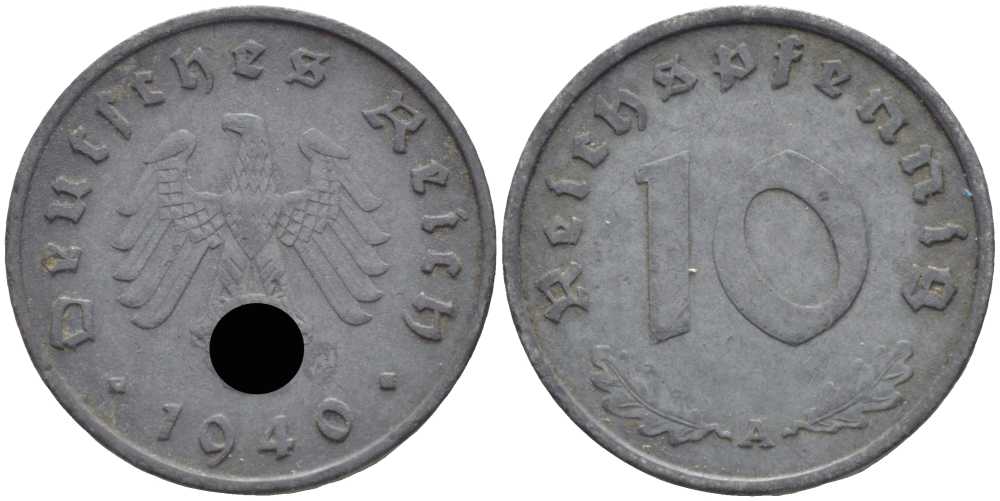 ГЕРМАНИЯ 10 РЕЙХСПФЕННИГОВ 1940 A KM 101, J. 371 цинк 4401-815
