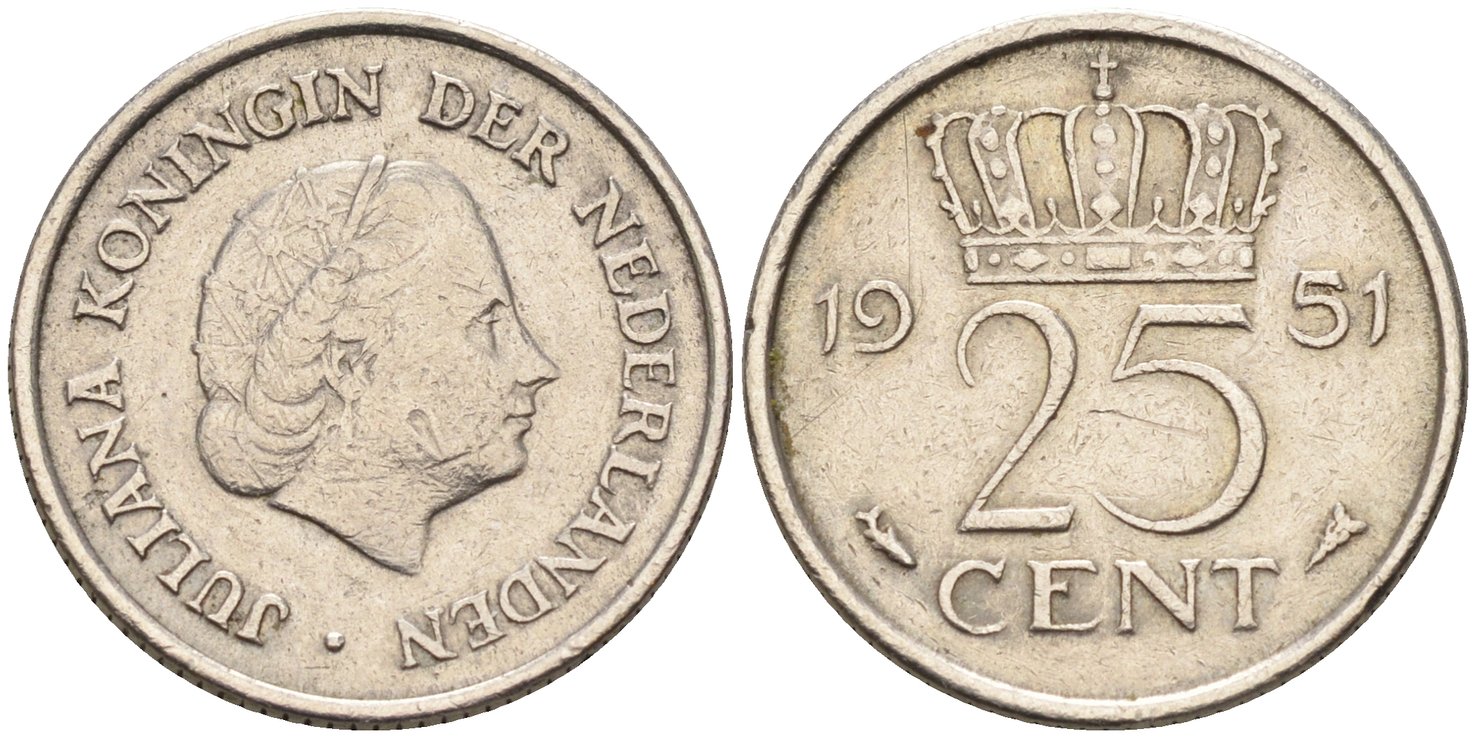 Нидерланды 25 центов 1951 Юлиана (1949-1980) KM 183 никель    4174-641