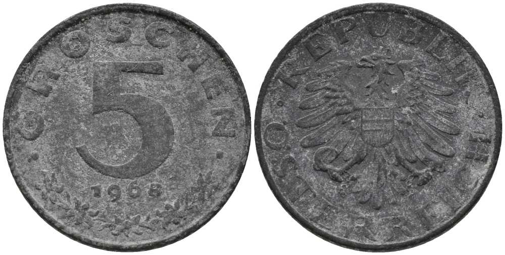 АВСТРИЯ 5 ГРОШЕЙ 1968 KM 2875 цинк 112-711