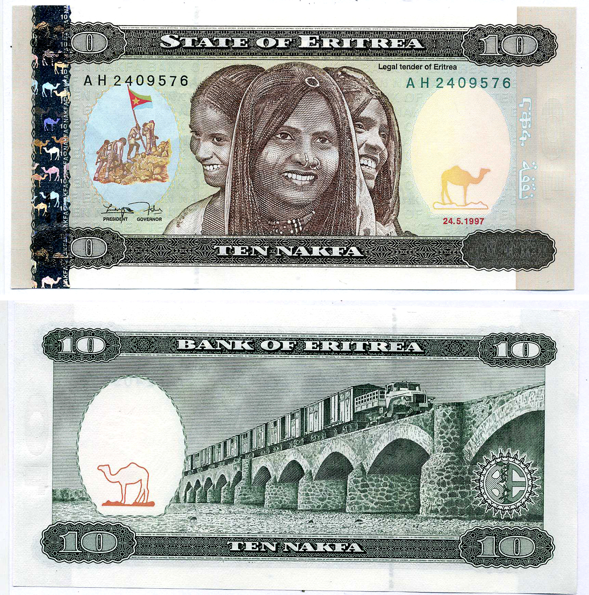 Эритрея 10 накфа 1997 девочка, железнодорожный виадук Pick 3 бумага UNC (пресс) 445-51-2-2