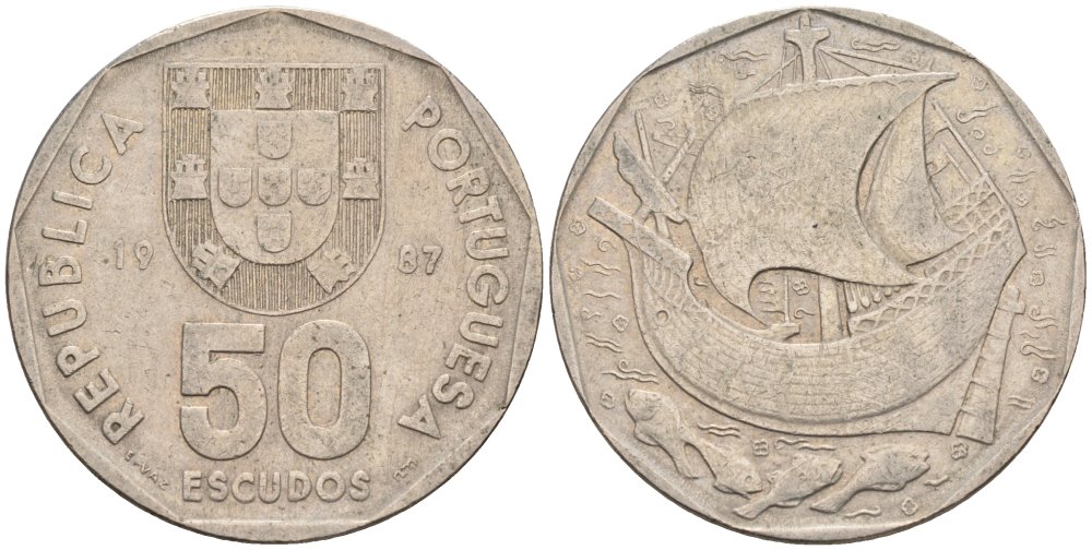 Португалия 50 эскудо 1987 парусник KM 636 медно-никель 81-133