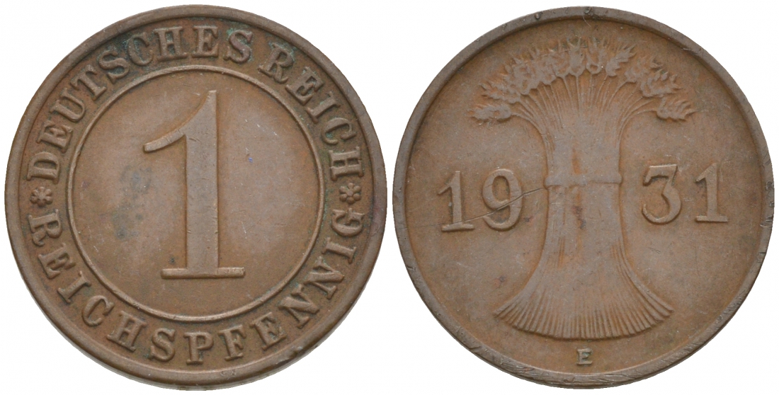 ГЕРМАНИЯ 1 РЕЙХСПФЕННИГ 1931 E KM 37, J. 313 бронза 73-1526