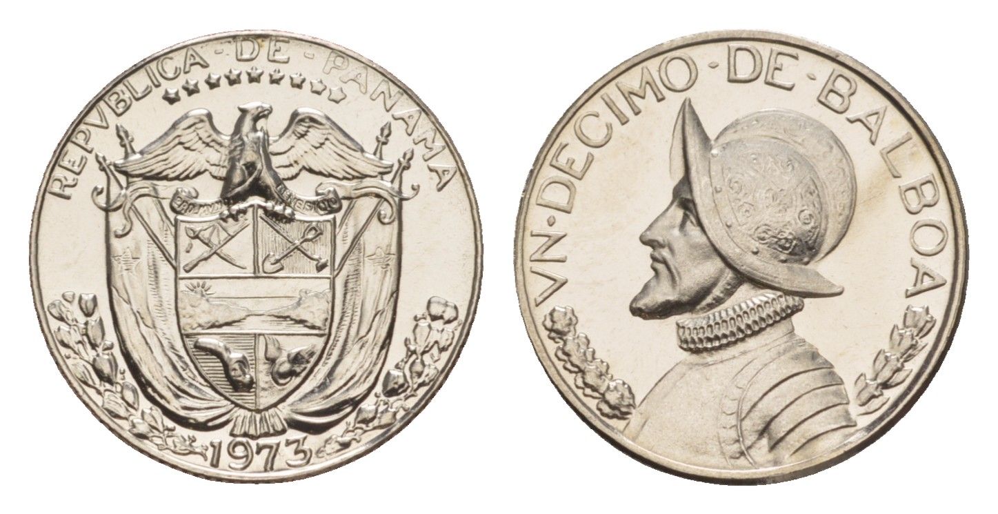 Панама 1/10 бальбоа (10 сентесимо) 1973 тираж 17.000 экземпляров KM 10 медь плакированная медно-никелем PROOF 1522-143