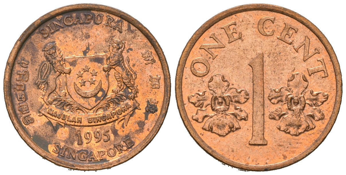 Сингапур 1 цент 1995 KM 98 цинк плакированный медью 4623-412