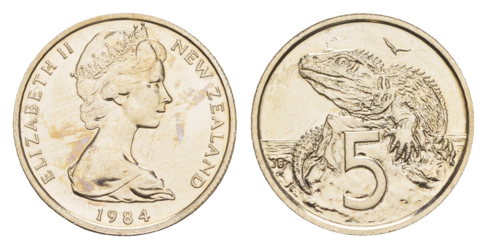 Новая Зеландия 5 центов 1984 Елизавета II (1952-2022), ящерица гаттерия, тираж 25.000 экземпляров KM 34 медно-никель BU 4651-218