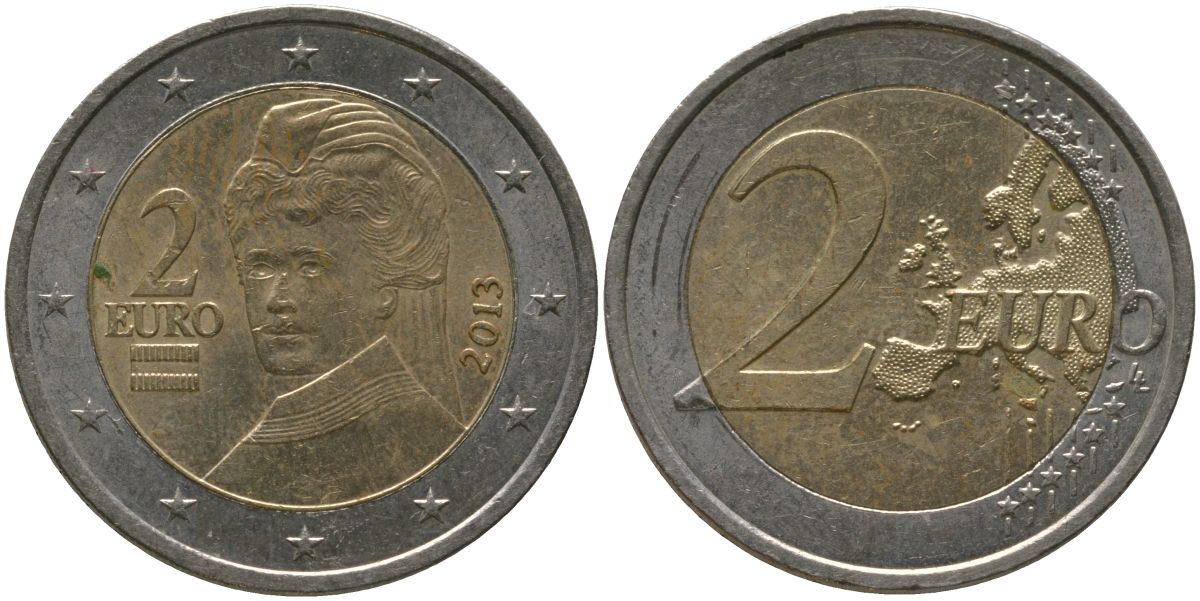 Австрия 2 евро 2013 Берта фон Зутнер KM 3143 биметалл 4573-1223