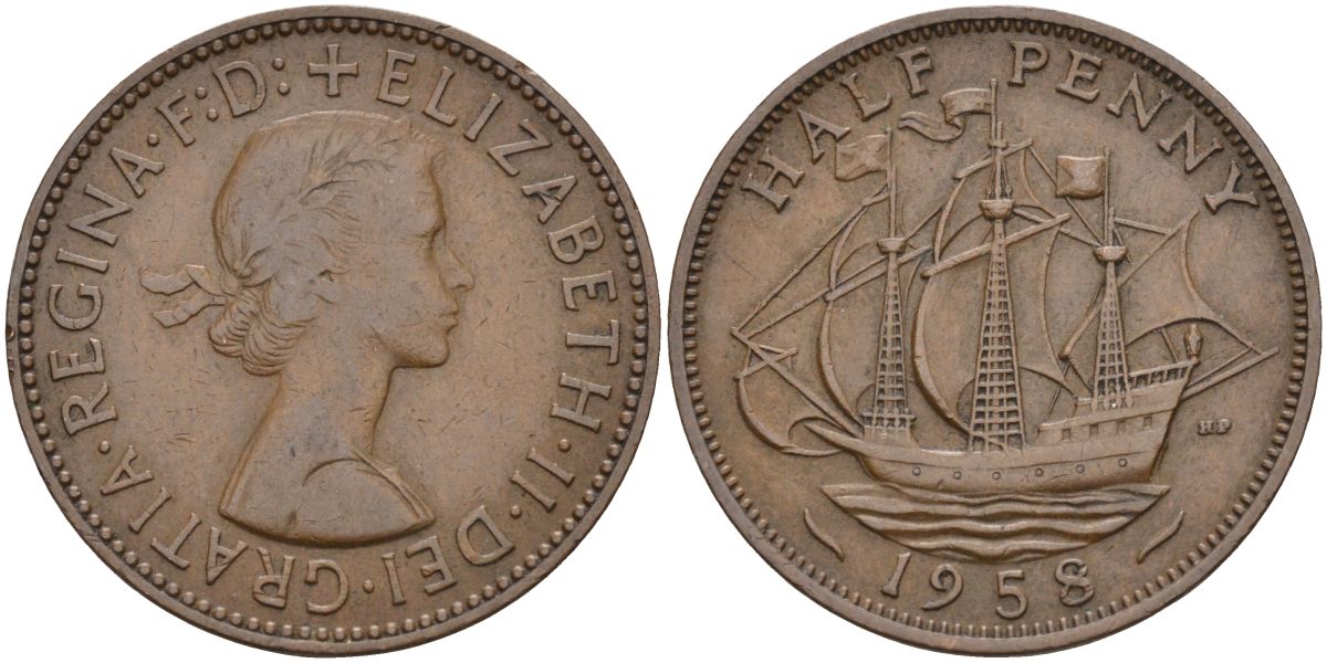 Великобритания 1/2 пенни 1958 Елизавета II (1952-2022) KM 896, Spink 4158 бронза 4126-754