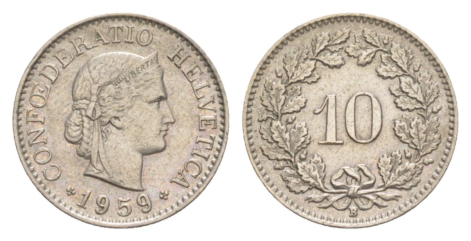 Швейцария 10 раппенов 1959 B KM 27 медно-никель 4625-233