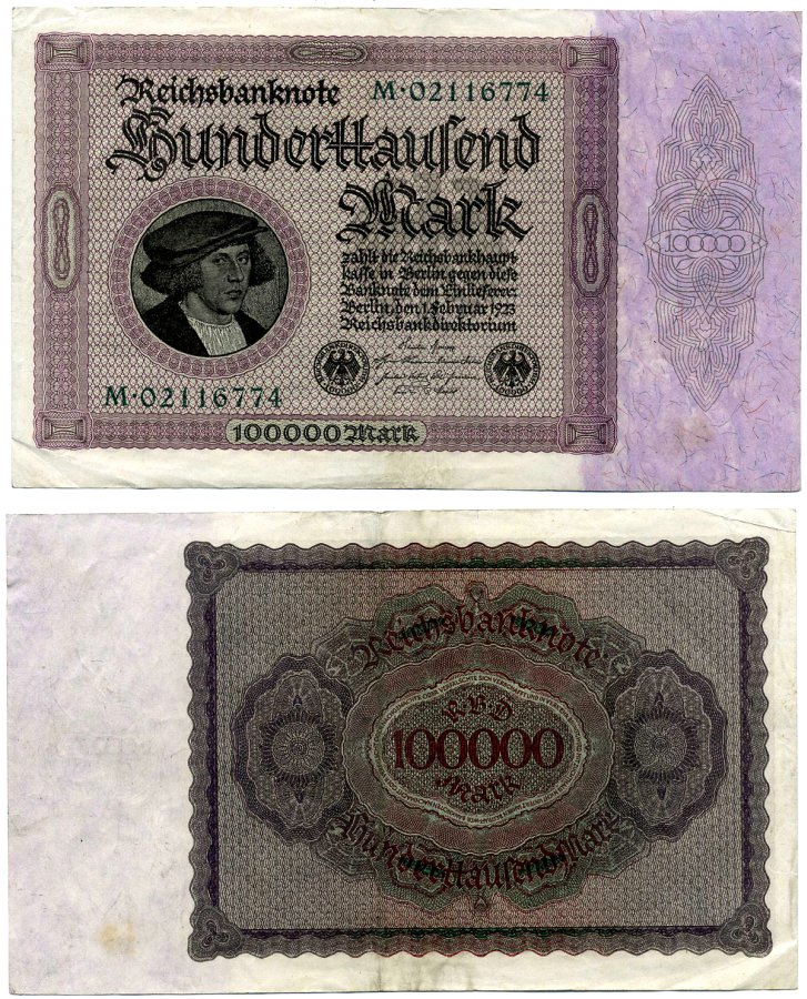 Германия 100000 марок 1923 1 февраля 1923, выпуск (март 1923-5 июля 1925), номер восьмизначный, серия M 02116774 Pick 83, Роземберг 82а бумага 8595-14-2-2