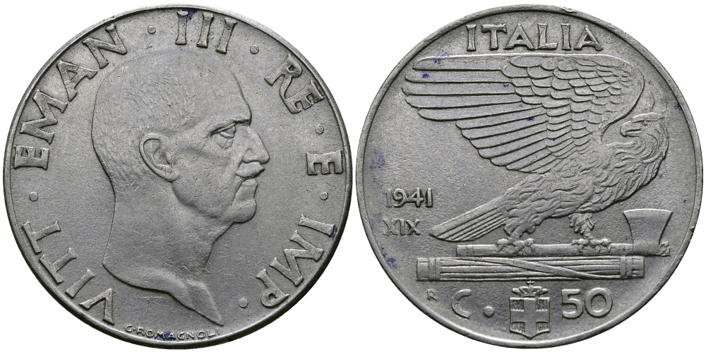 ИТАЛИЯ 50 ЧЕНТЕЗИМО 1941 R, ВИКТОР ИМАНУИЛ, XIX ГОД KM 76b нержавеющая сталь 98-143