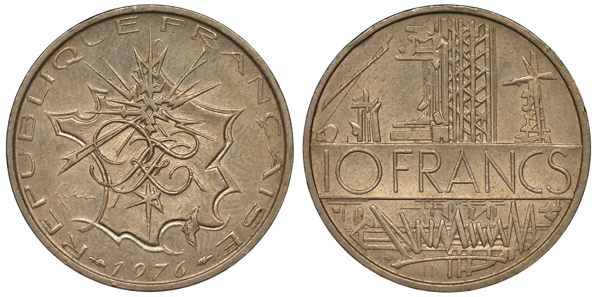Франция 10 франков 1976 тип Матье KM 940, Le Franc 365.7-8 никель латунь 4123-613