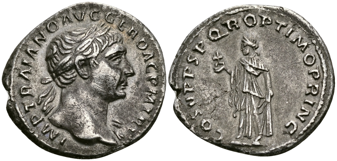 Римская Империя денарий 103 - 111 Траян COS V PP SPQR OPTIMO PRINC Спея, персонификация Надежды Рим Good Very fine RIC 127 серебро 1073-4-7-1