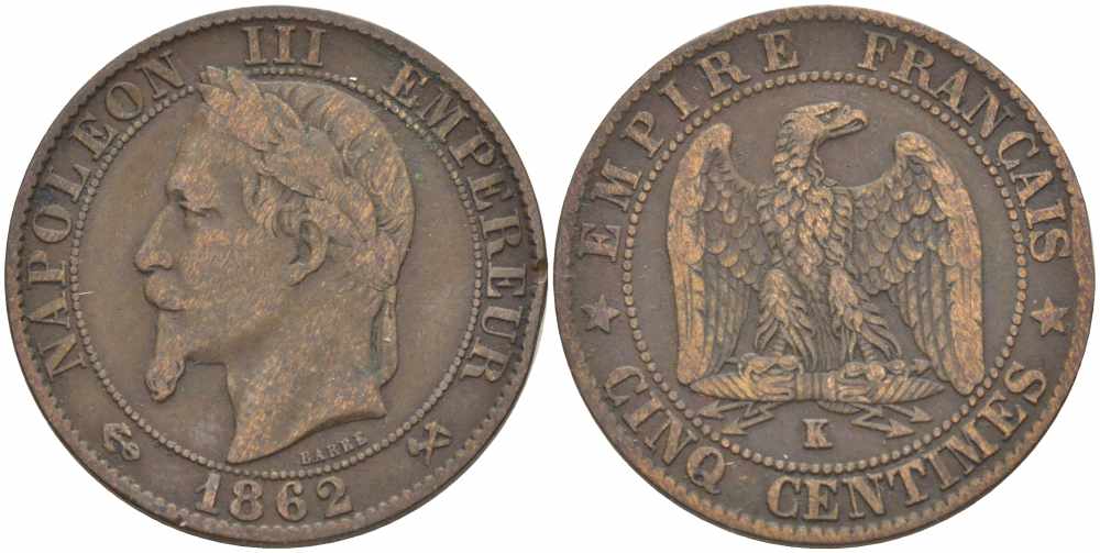 ФРАНЦИЯ 5 САНТИМОВ 1862 K, НАПОЛЕОН III (1852-1870) KM 797.3, LE FRANC 117.7 бронза 108-534