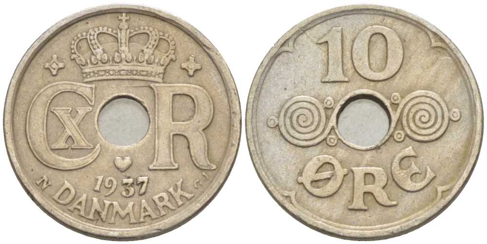ДАНИЯ 10 ЭРЕ 1937 N ; GJ, КРИСТИАН X (1912-1947) KM 822.2 медно-никель 4383-123