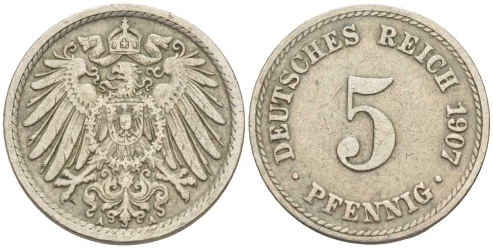 ГЕРМАНИЯ 5 ПФЕННИГОВ 1907 A KM 11, J. 12 медно-никель 105-128
